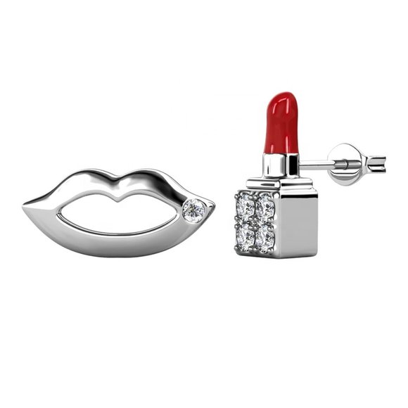 Lipstick and Lips Silver Stud Earrings - Picture 3 of 5